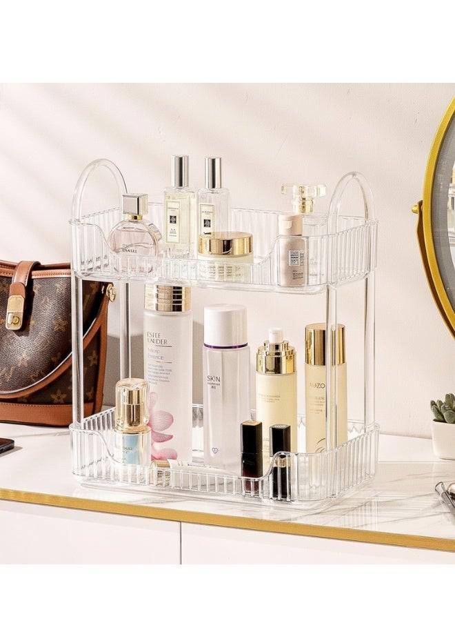 Makeup Organiser, Spinning 2 Tiers Perfume Organiser, Skincare Cosmetic Organizer, Dressing Table Organiser for Lipsticks,Jewelery, Brush, Vanity Desk, Bedroom (Clear, 2 Tiers) - Image 1